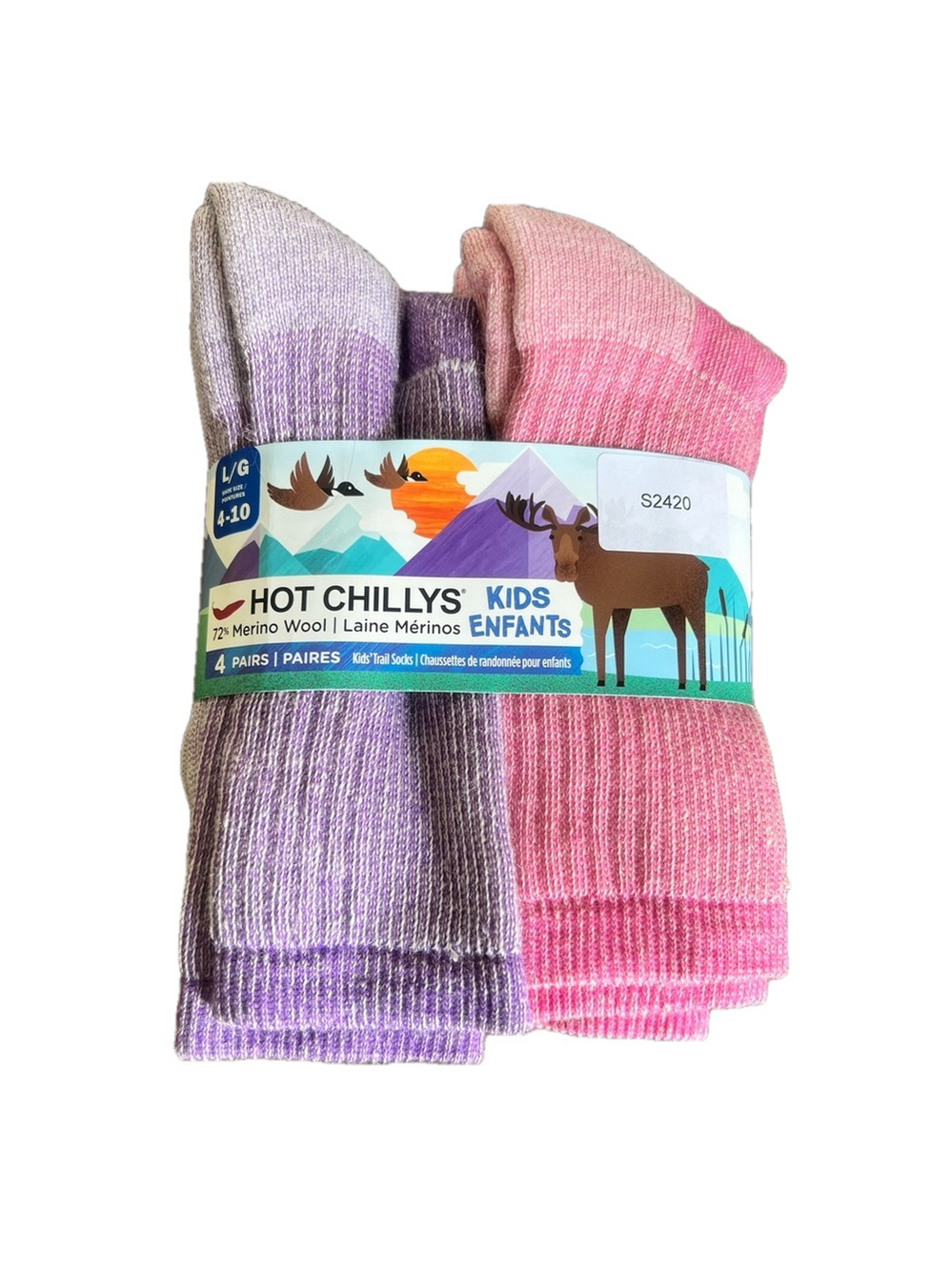 Hot Chillys 72% Merino Wool 4 Pack Youth Trail Sock Size Large 4 - 10